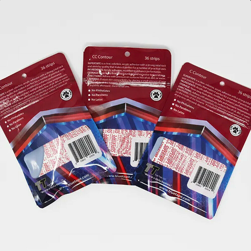 Rückseiten von drei Supertape CC Contour Verpackungen mit Produkt- und Anwendungshinweisen