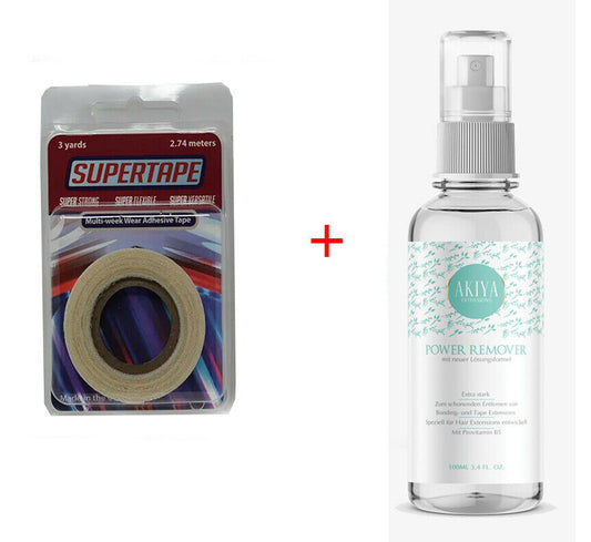 Akiya Beauty Spar-Set: Supertape Kleberolle 0,8 cm + Tapebandlöser 100 ml für Zweithaar