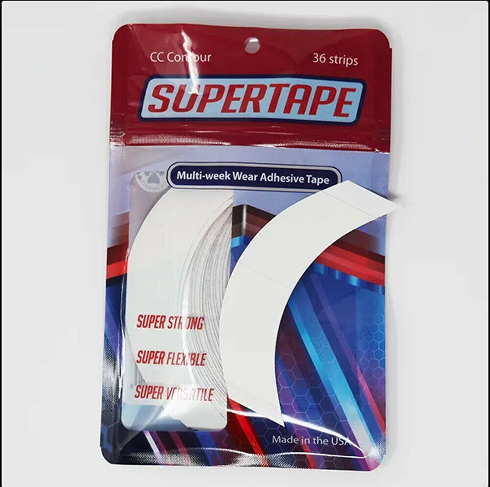 Supertape CC Contour Toupet-Klebestreifen mit gebogener Form vor rot-blauer Verpackung