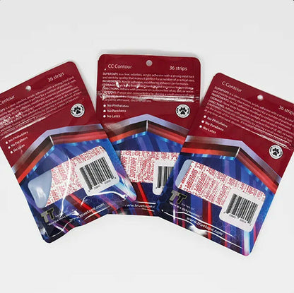 Rückseiten von drei Supertape CC Contour Verpackungen mit Anwendungshinweisen