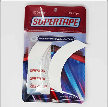 Supertape CC Contour Toupet-Klebestreifen mit gebogener Form vor rot-blauer Verpackung