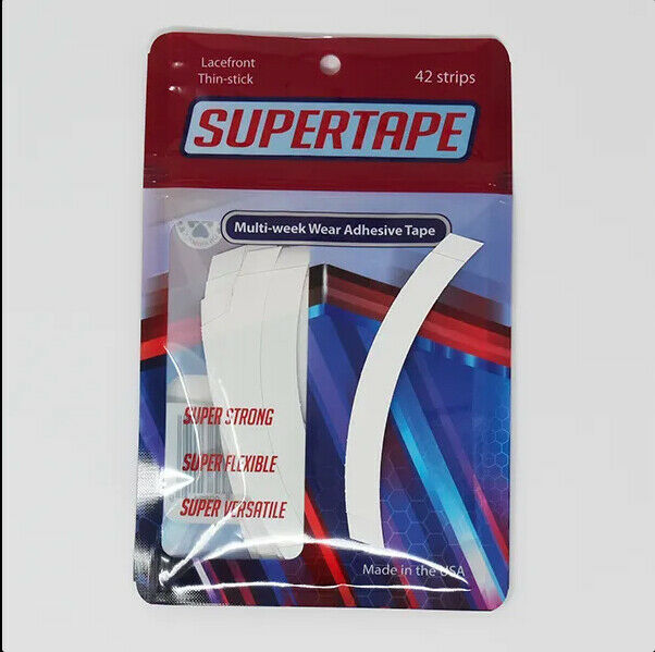 Supertape Lacefront ThinStick Klebestreifen vor rot-blauer Verpackung mit 42 Strips